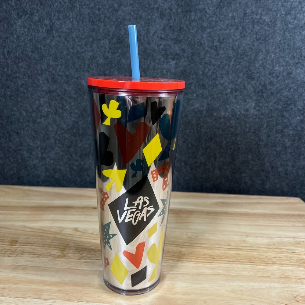 Starbucks Las Vegas Venti Cold Cup Tumbler 24oz Casino Card Suits Red Lid Straw